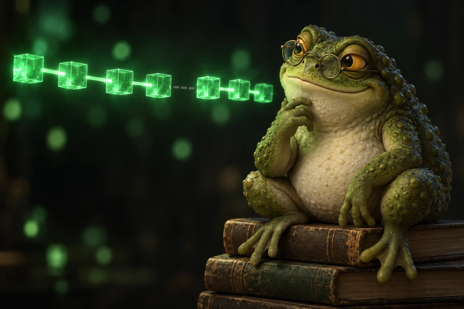 Toad Pimple beside a floating chain of glowing green blocks, one link in the chain broken.